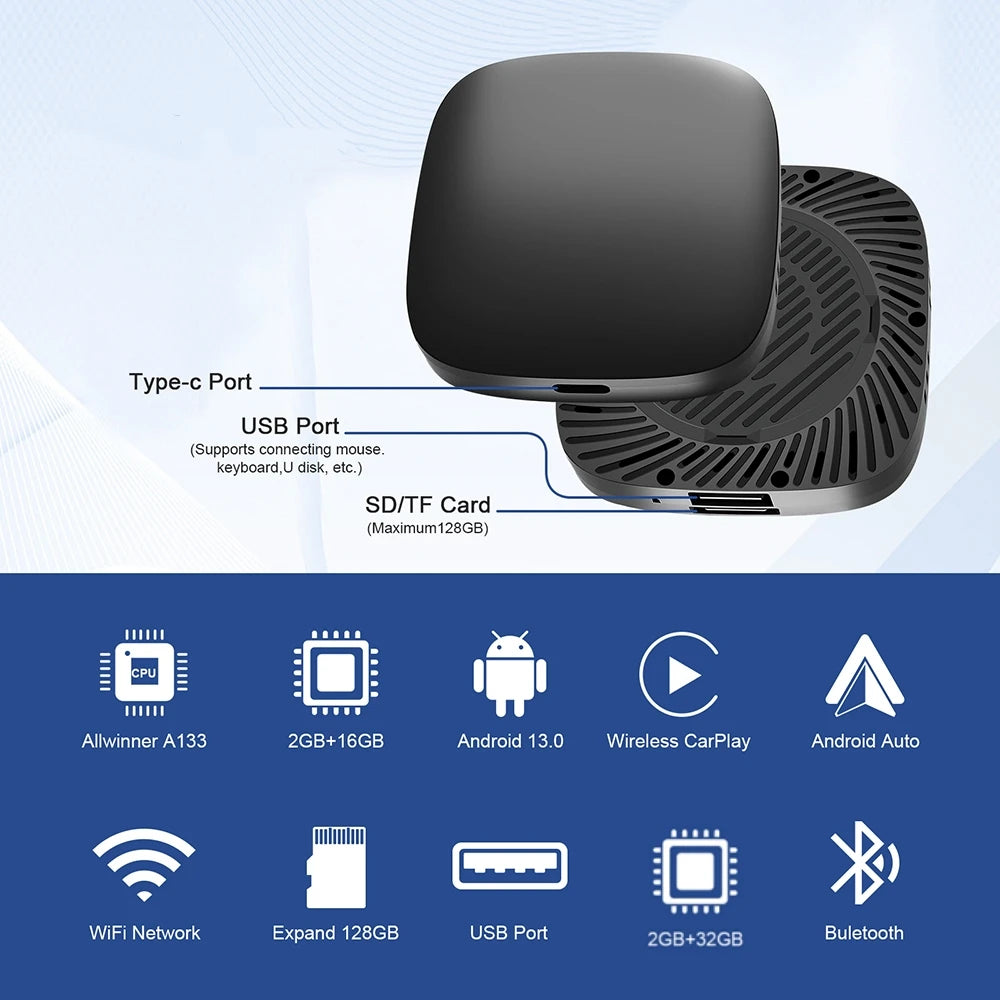 Wireless CarPlay AI Box Android 13 – Stream YouTube & Netflix in Your Car