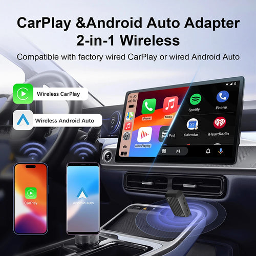 2-in-1 Wireless CarPlay & Android Auto Adapter - Plug & Play,  No Cables, Instant Connect