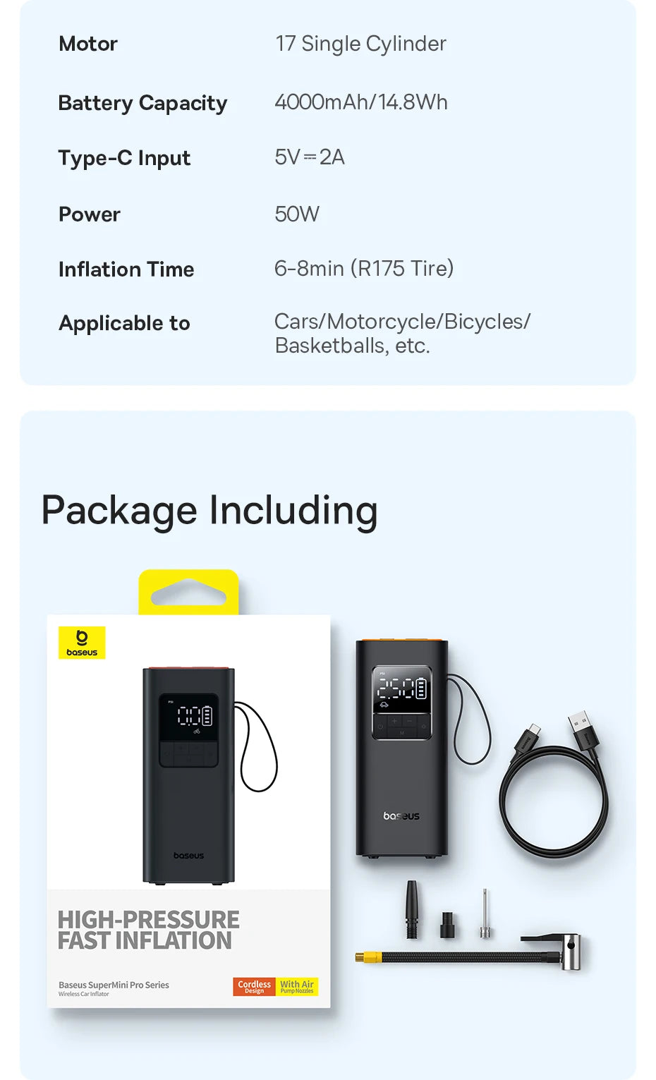 Baseus Wireless Tire Inflator – Portable Air Compressor with Digital Display