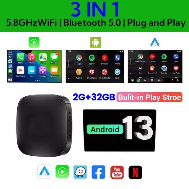 Wireless CarPlay AI Box Android 13 – Stream YouTube & Netflix in Your Car