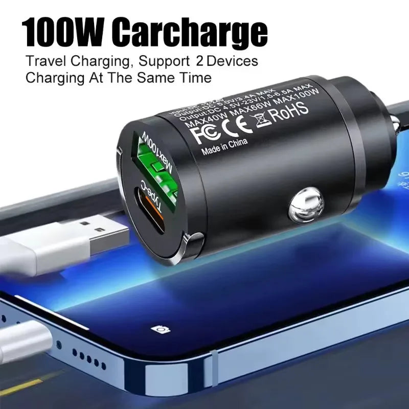 100W USB-C Fast Car Charger – Dual Port PD Charger for iPhone, Samsung & MacBook