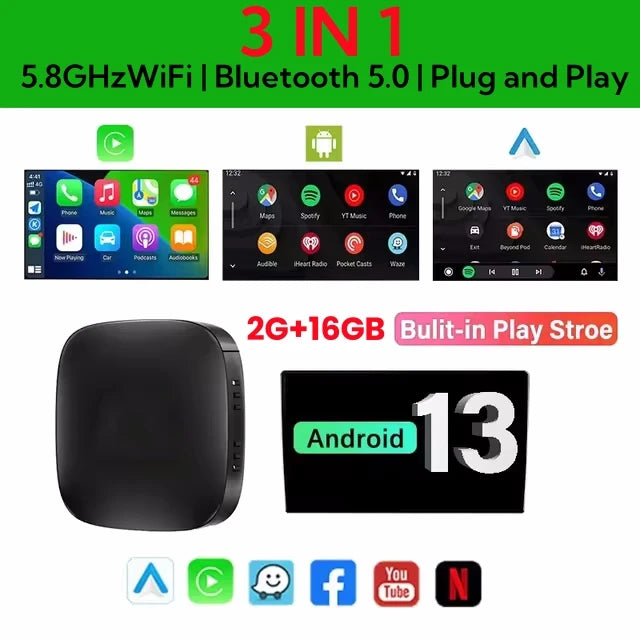 Wireless CarPlay AI Box Android 13 – Stream YouTube & Netflix in Your Car