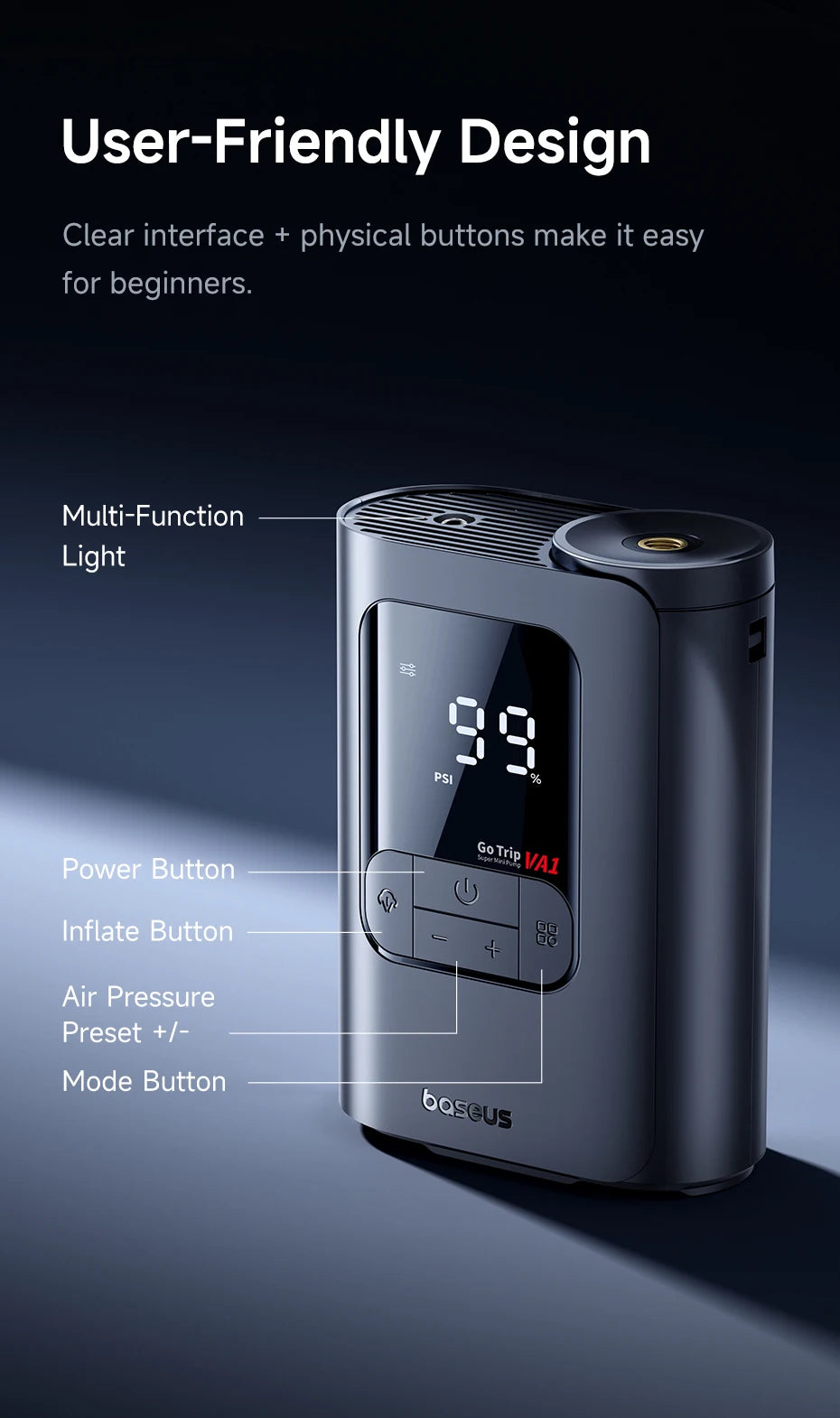 Baseus Wireless Tire Inflator – Portable Air Compressor with Digital Display